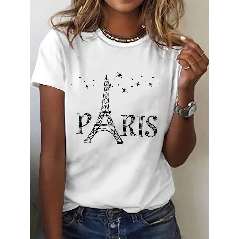 

Stylish PARIS Print Crew Neck T-shirts for Women with Short Sleeves, Casual and Comfortable for Spring and Summer Seasons, Vibrant Print Design S белый