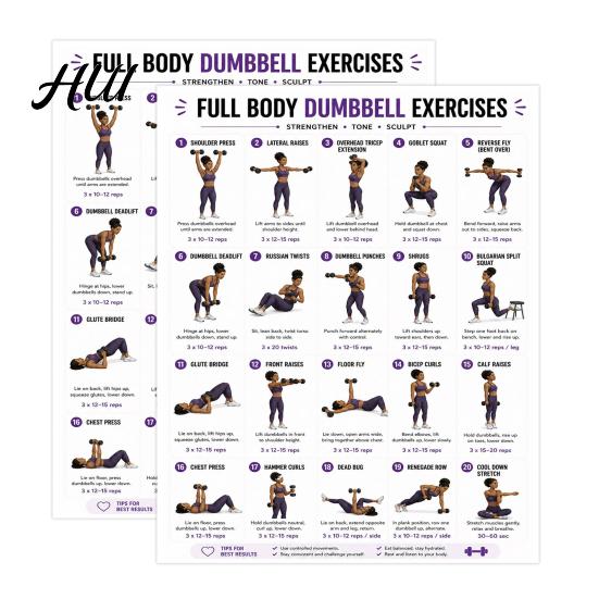 Gráfico Profesional de Entrenamiento con Pesas 2 Piezas Póster de Entrenamiento con Mancuernas, Rutina de Ejercicios de Cuerpo Completo Fitness para Mujeres Arte de Pared, Guía de Fuerza Gimnasio en Casa