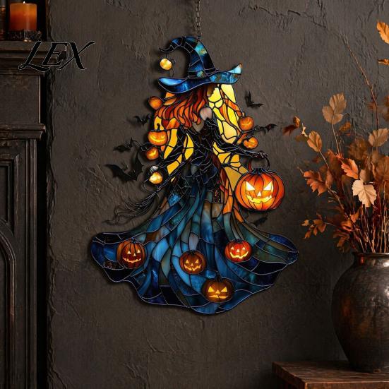 Unique Witch Themed Room Accents Acrylic Suncatcher, Stained Glass Effect Window Car Hanging Ornament, Gothic Scary Halloween Party Supplies for Home