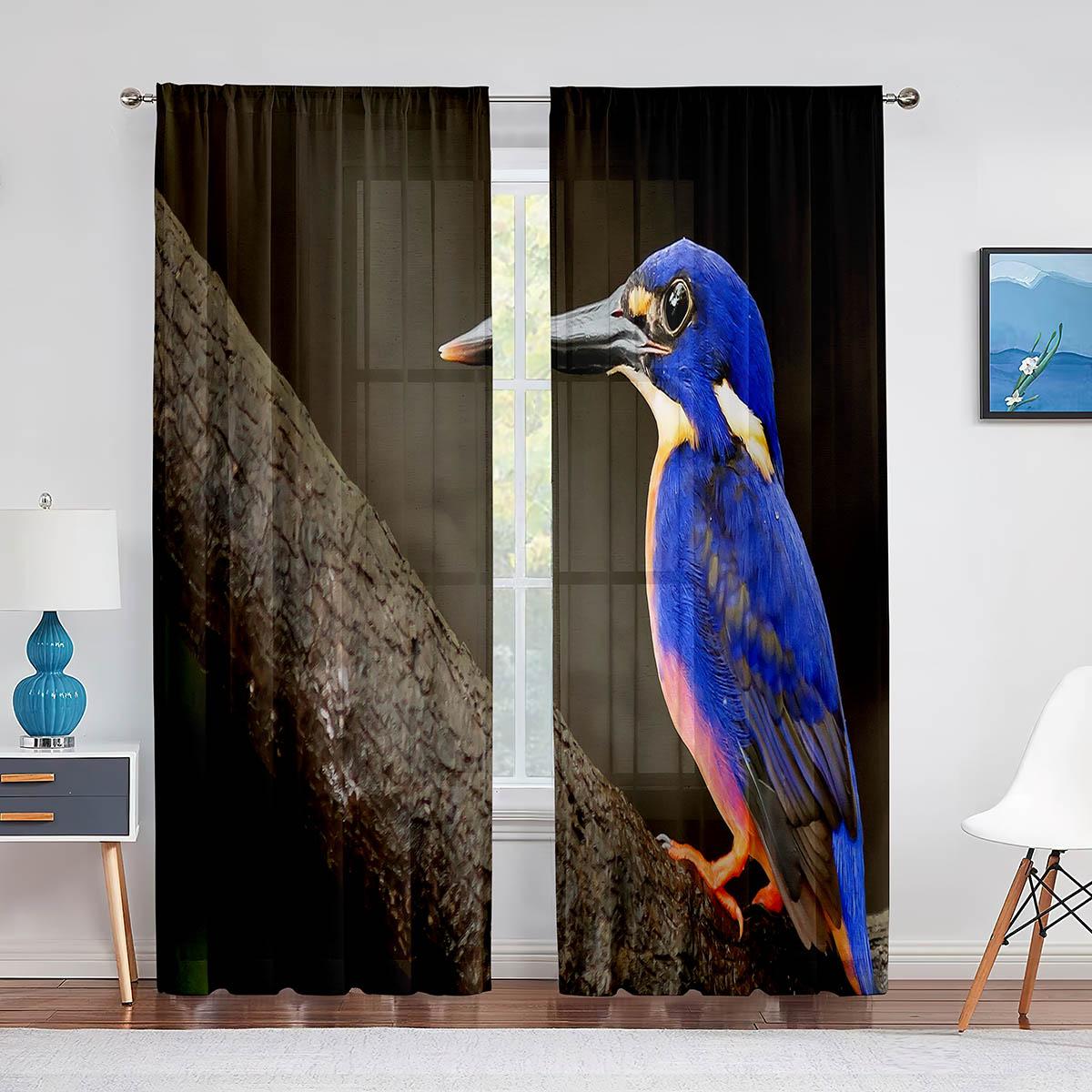 Тюлевые прозрачные шторы с милой синей птицей на ветке дерева для гостиной — фото 5