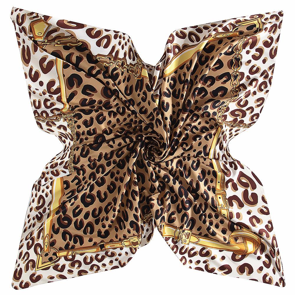 New 130cm Twill Silk Scarf Classic Leopard Chain Design Women Shawl Bandana Kerchief Female Large Head Square Scarves