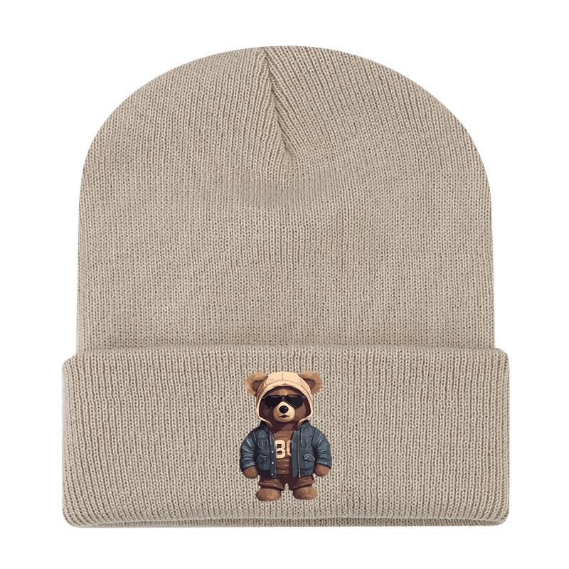 European and American New Autumn and Winter Hats, Women's Bear Printed Knitted Hats, Sleeves, Outdoor Warm Wool Hats, Men