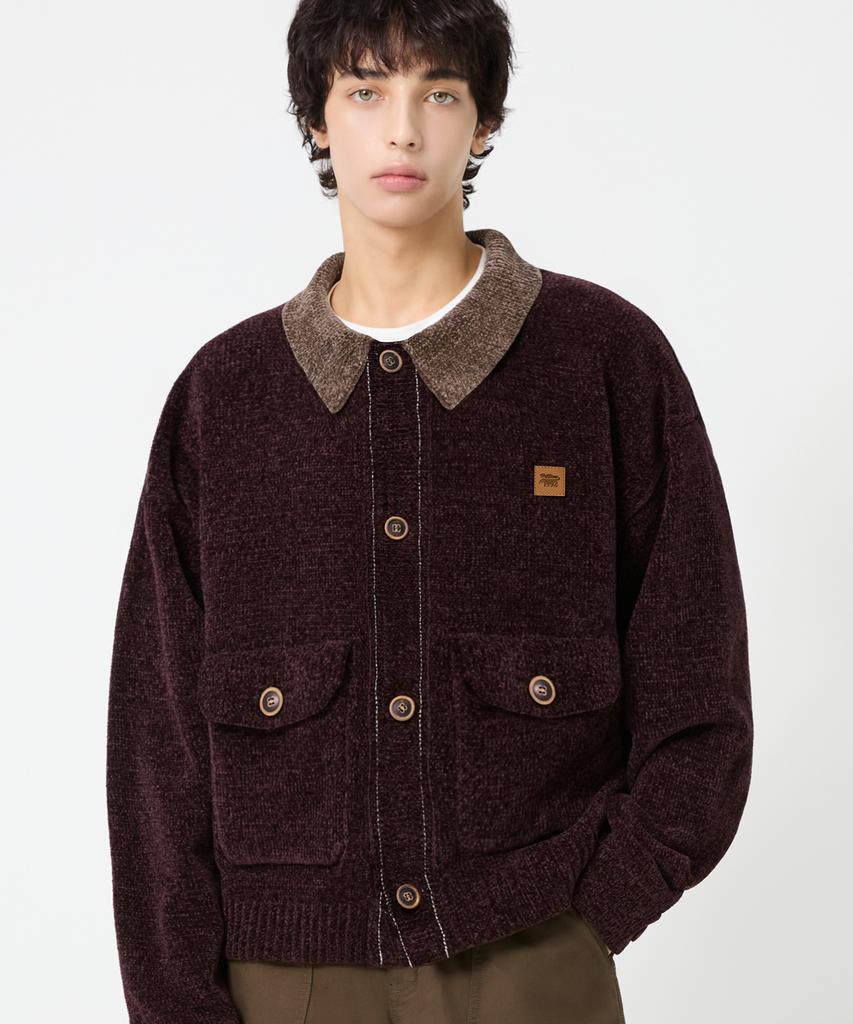 TRILLION Leather Patchwork Velvet Cardigan Knit_Purple Brown