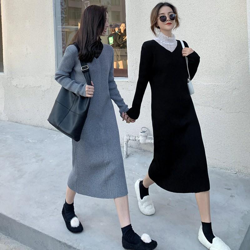 Womens V-Neck Knit Midi Dress Winter - Slim Fit Long Sleeve Cotton Blend Tunic In Black Grey