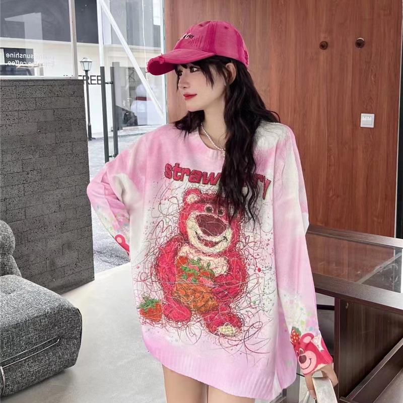 2024 A/W Strawberry Bear Loose Knit Sweater - Women's Round Neck Casual Style