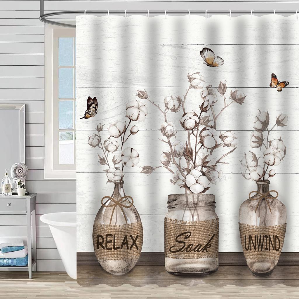 Bathroom Waterproof Curtain Digital Printing Plant Vase Shower Curtain Non-Punching Toilet Partition Curtain Shower Cloth