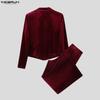INCERUN Winter Autumn Men Peak Lapel Long Sleeve Velvet Blazer Long Pants Casual Outfits Two Piece Sets