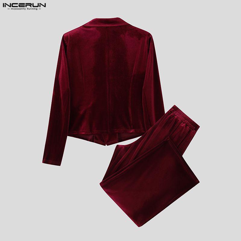 INCERUN Winter Autumn Men Peak Lapel Long Sleeve Velvet Blazer Long Pants Casual Outfits Two Piece Sets