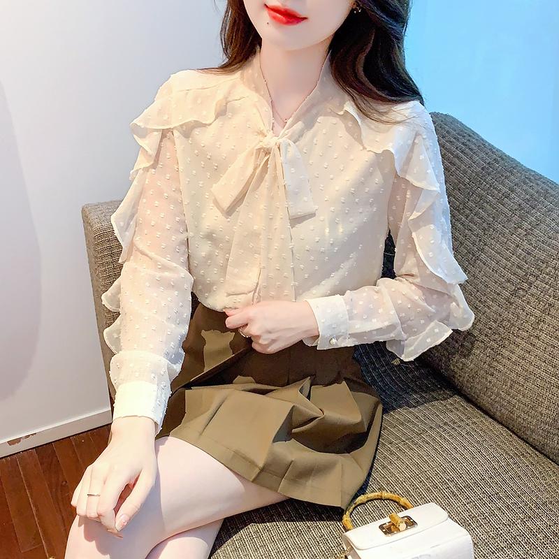 Frühlingsmode Französische Frauen Freizeithemden Langarm Rüschen Polka Dot Bow Bluse