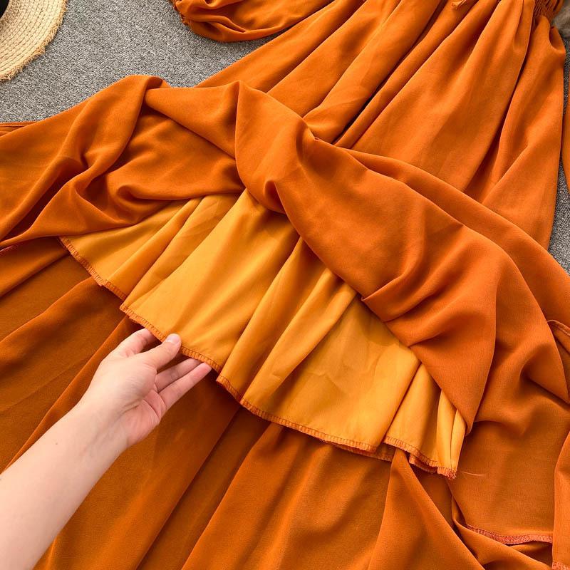 Chic Gentle Wind Dress Autumn Women's French Vintage Square Neck Magenta Bubble Sleeve Dress