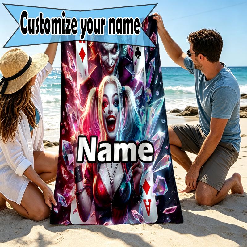 Custom Name Personalized Harley Quinn Joker Print Beach Towel, for Trip Camping Beach Party Home Decor, Birthday Gift for Family & Friends