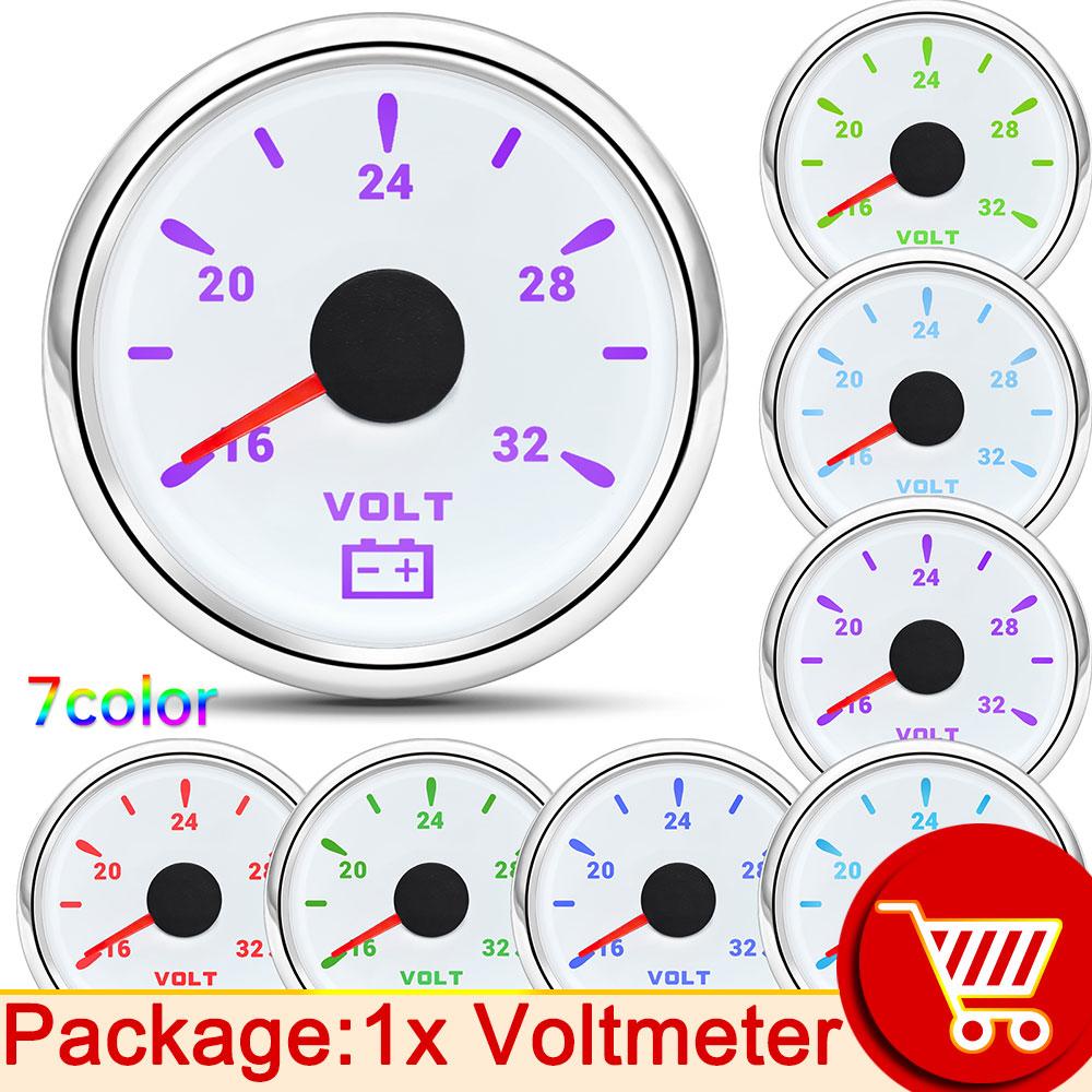 52mm Voltmeter 24V Electrical Car Truck Boat 16-32V with 7 Color Backlight 12V 24V for Car Boat Motorcycle Waterproof Volt Gauge
