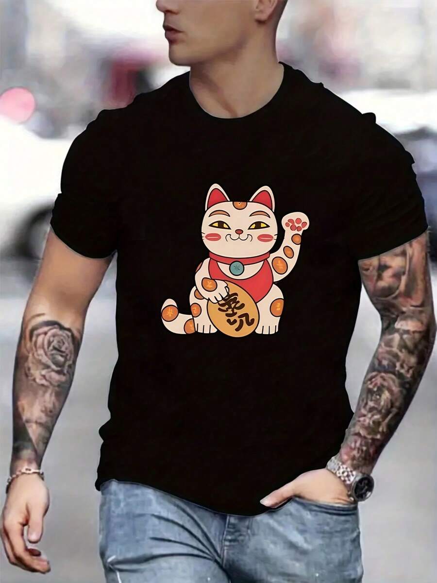 Summer Casual Short-Sleeved T-Shirt, Unisex s Lucky Cat Printed T-Shirt S
