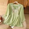 Elegante Camicia Estiva in Cotone Largo a Maniche Corte Girocollo Top Ricamati per Donna Bluse Vintage