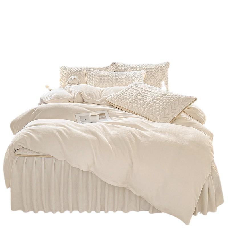 Thickened bed four-piece set milk fleece solid color bed skirt crystal fleece high gram weight quilt cover student dormitory three-piece set