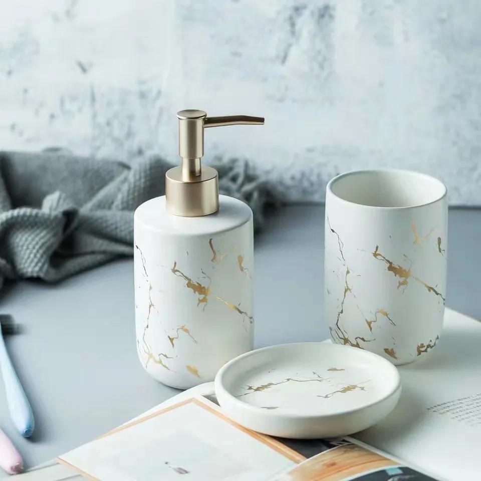 Ceramic Marble Pattern Liquid Soap Bottles Bathroom Shampoo Shower Gel Hand Wash Bottle Hotel Room Disinfection Press Bottle
