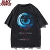 Hip Hop  Retro Washed Black TShirt Streetwear Big Eyeball Graphic T Shirt Cotton Unisex Tshirt Men Tops Tees YK P