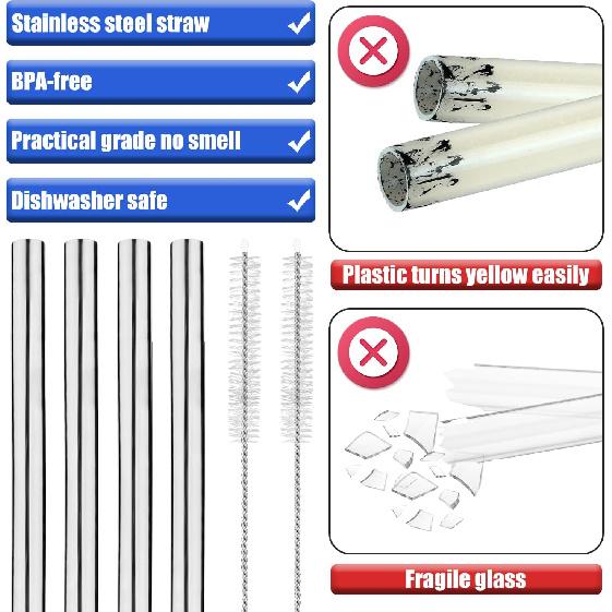 4pcs Metal Straw Replacement for Hydro Flask 32oz Wide Flex Straw Cap Bottle, Stainless Steel Cup Straws with 2pcs Brushes Parts Accessories