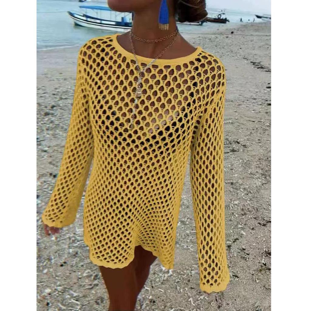 Damen Cover-Up Bikini Strickware: Ausgeschnittenes Langarm-Strand-Sonnenschutzkleid