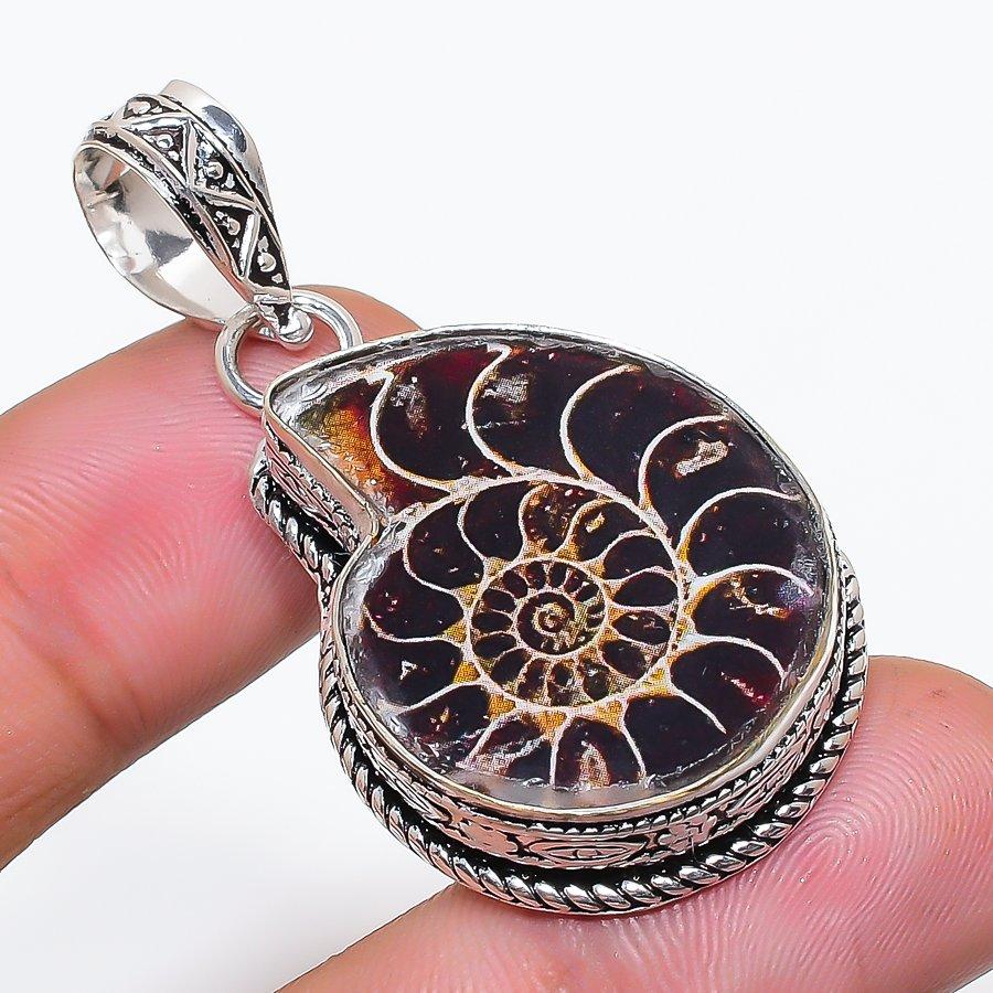 Natural Ammonite Fossil Gemstone 925 Sterling Silver Jewelry Pendant 1.97  AP-14150
