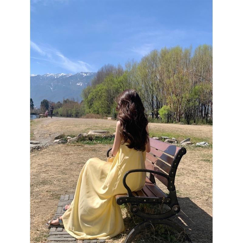French Yellow Suspender Dress Women's Summer Seaside Vacation Style Dress Loose A-line Skirt Long Skirt