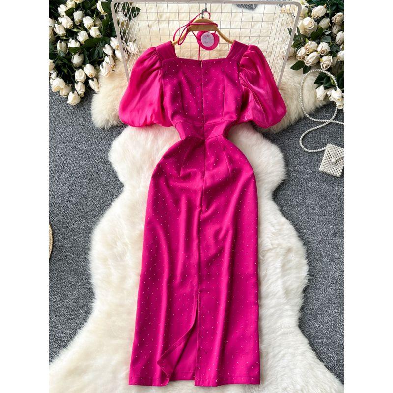 Socialite Elegant Elegance Dress Women's Fancy Mesh Puff Sleeves Patchwork Waist-Slimming Slim Fit Rhinestone Sheath Dress