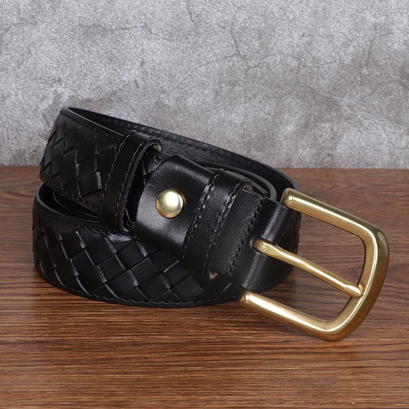 Men's Genuine Leather Woven Belt with Pure Copper Pin Buckle - Retro Casual Style