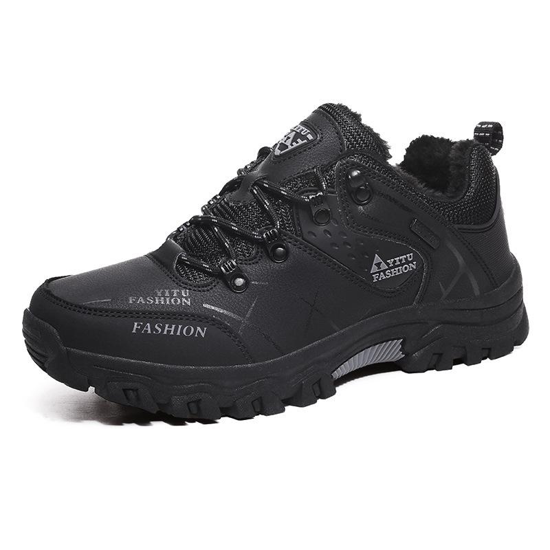 Men's Shoes Hiking Shoes Cotton Shoes Low-top Leather Surface Plus Velvet Thickened Warm Large-size Outdoor Hiking Shoes