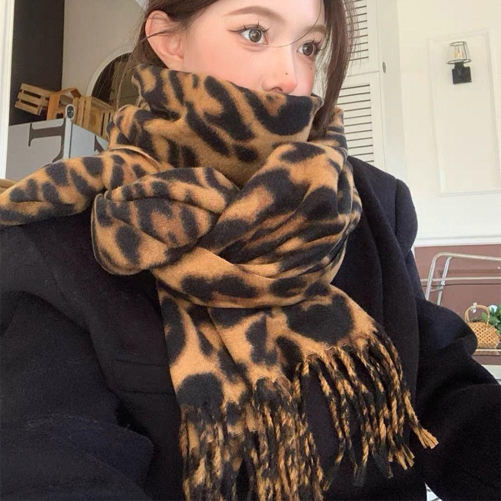 Fleece Leopard Print Scarf Thick Scarves Retro Winter Shawl Wrap  Daily Commute
