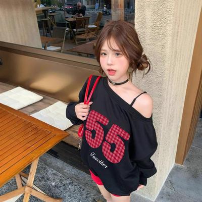 Digital Printed Off-shoulder Design Sweatshirt for Women for Autumn Loose Lazy Small Long Sleeves Off-shoulder Top