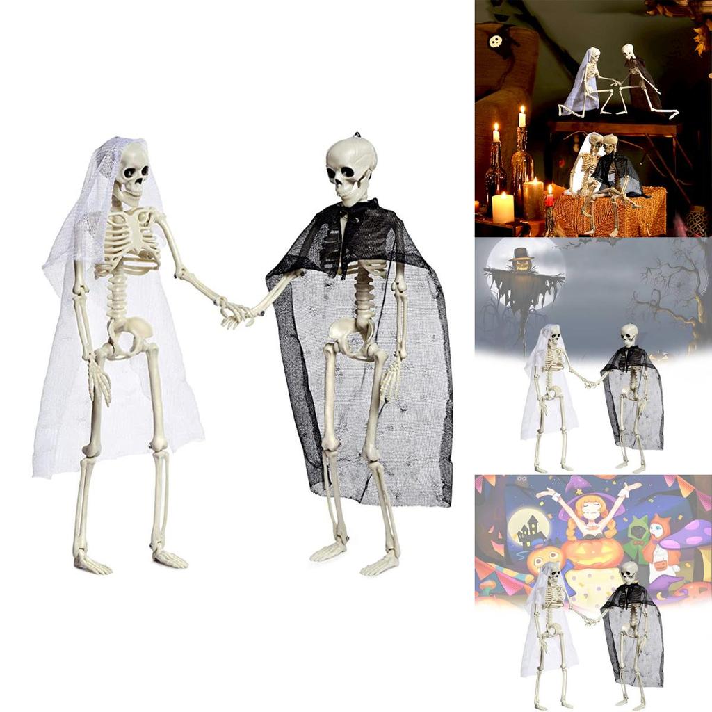 Festive Halloween Skeleton Couple Decorative Props Realistic Plastic Bride Groom Design 21x10cm