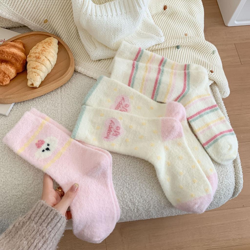 Pink Australian Fleece Socks Thickened Warm Socks Cartoon Striped Cute Plush Floor Socks