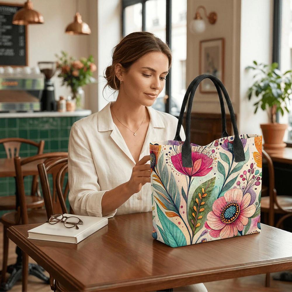  Boho Floral Print Tote Bag Large Capacity Casual Shoulder Bag for Daily Shopping Travel Lightweight Durable Handbag