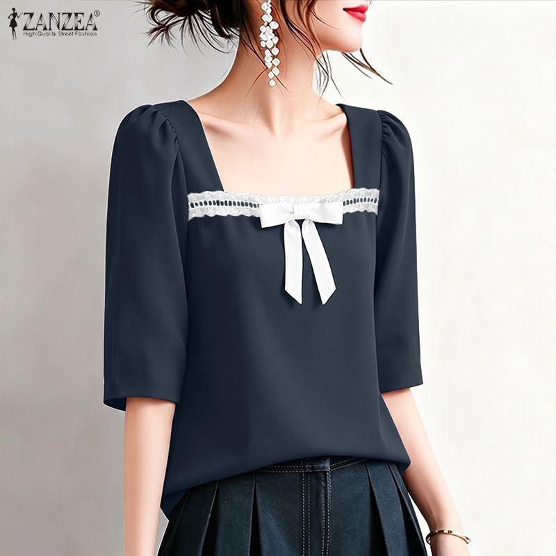 ZANZEA Women Elegant Square Collar Summer Casual Short Sleeve Blouse