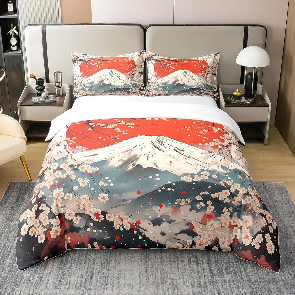 Japanese-Style Bedding Set for Kids Boys Girls Mount Fuji Comforter Cover Cherry Blossoms Duvet Cover Queen Size for Teens Adult