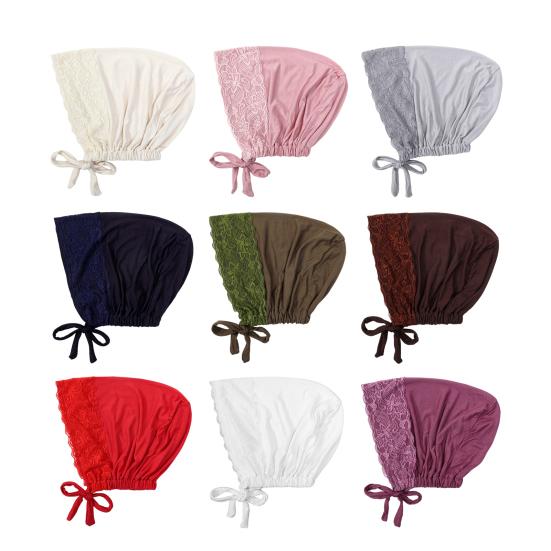 Lace Turban Cap for Women Stretchy Head Scarf Wrap Sleep Hat Elastic Chemo Cap Drawstring Slouchy Skull Cap for Autumn Winter Outdoor Activities