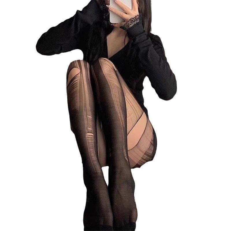 Ultra-Thin Open Crotch Black Lace Pantyhose - Sexy Tearable Bed Stockings for Women