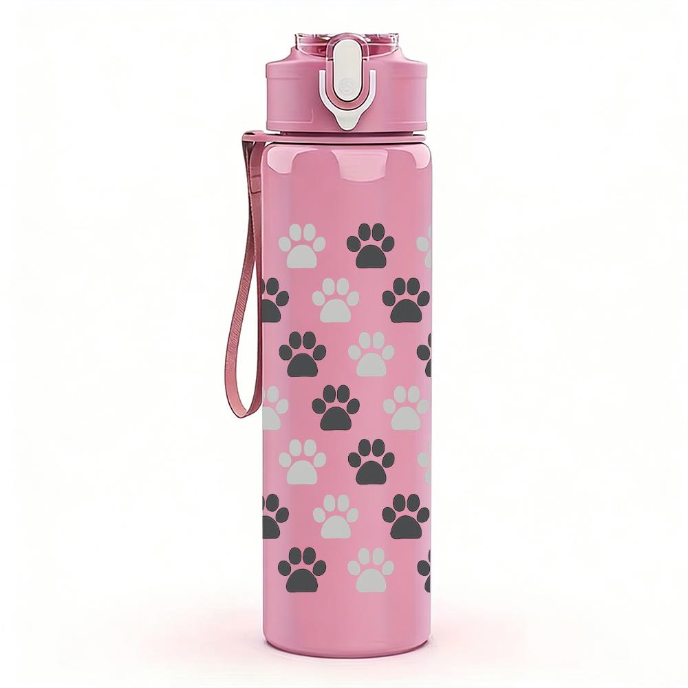 1PC Paw Print Grid Texture 750ml Color Plastic Sports Water Bottle Leakproof Flip Straw Lid For Sports Office Home Use