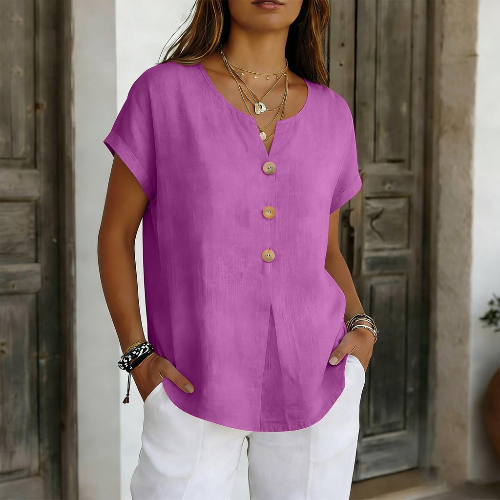 Summer Basic Blouses Women's Shirts Solid Color Casual Short-Sleeve Cotton Linen Fashion Plus Size V-Neck Loose Button Tops