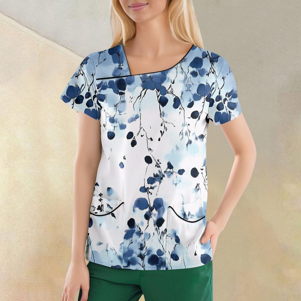 Women's Casual  Print Short Sleeve Sloping Collar Workwear Top With Double Pockets