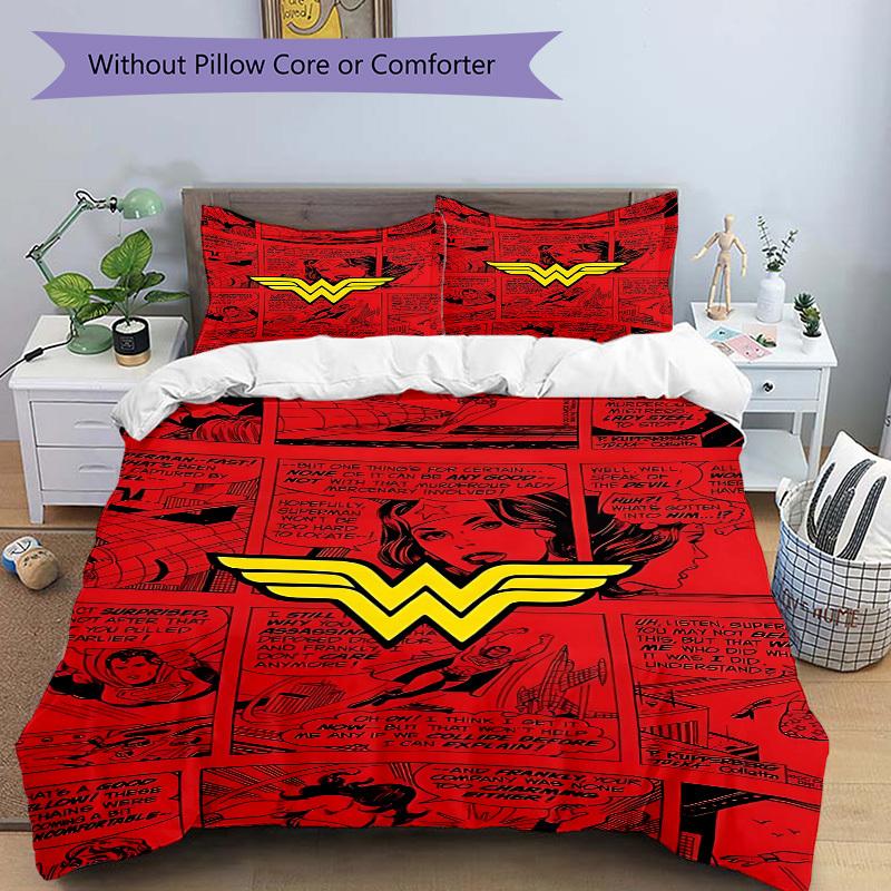 3pcs Wonder Woman Bedding Set, Soft Polyester Duvet Cover and Pillowcases Machine Washable Seasons All Suitable & Guest Room Decor250