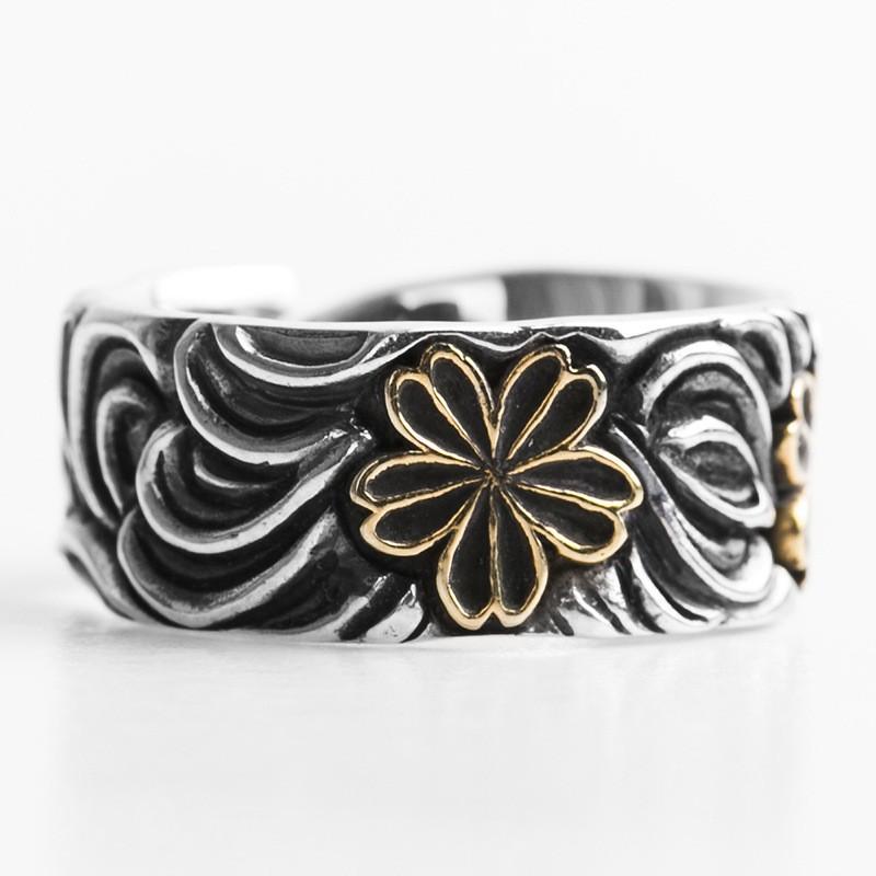Adjustable Open Ring Men Women Sterling Vintage Cherry Blossom Floral Design Style Stackable Finger