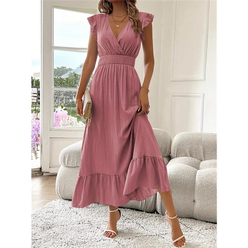 European And American Ladies Summer Long Skirt New Tight Waist Solid Color Ruffled Short-sleeved V-neck Flying Sleeve Dress