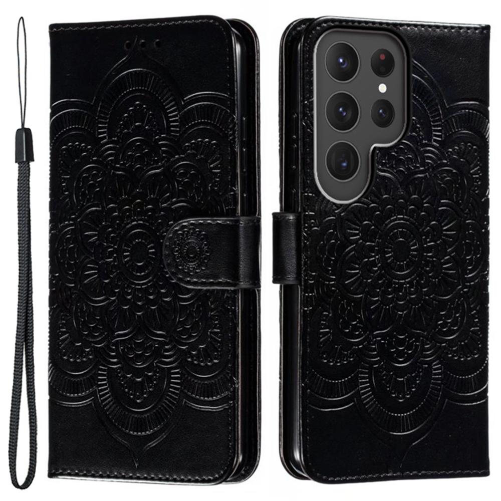 

Чохол для Samsung Galaxy S24 Ultra з PU шкіри з тисненим дизайном мандали, гаманець, чохол для телефону Black