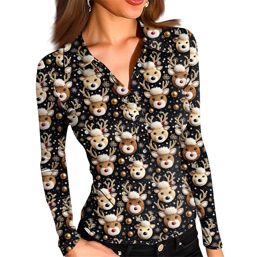 Damska Moda Casual Drukowana Bluzka z Dekoltem w Serek, Długim Rękawem, Zapinana na Guziki