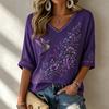 Women's 3D Print V-Neck Loose Fit Three-Quarter Sleeve T-Shirt
