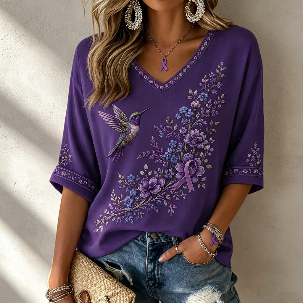 Women's 3D Print V-Neck Loose Fit Three-Quarter Sleeve T-Shirt