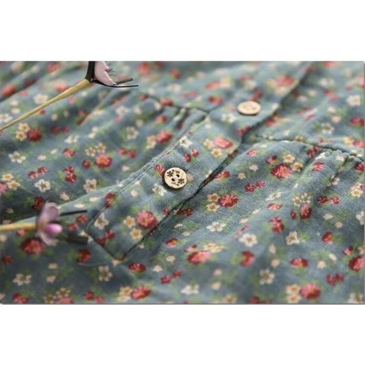 Vintage Floral Print Cotton Linen Blouse for Women Asian Size Long Sleeve Top Casual Lace Patchwork Collar Artistic Autumn Button Shirt