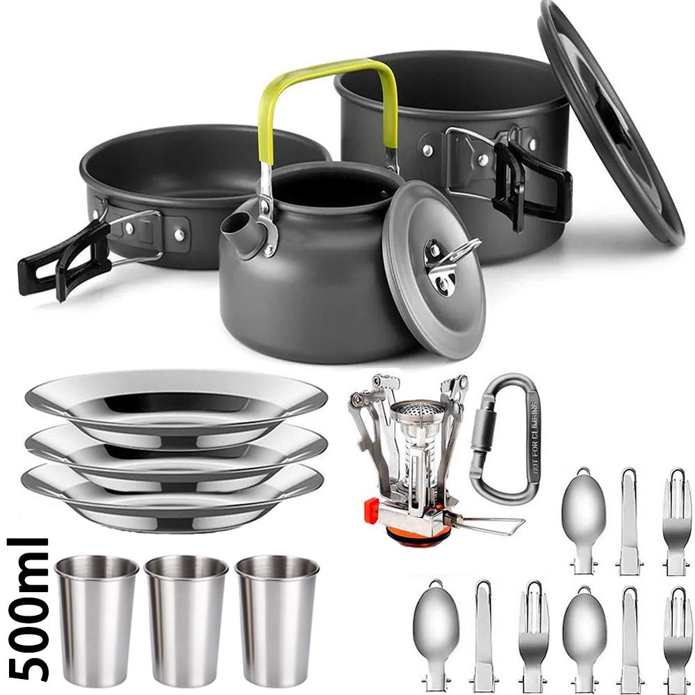 Outdoor camping cooking set outdoor water boiling and vegetable frying aluminum alloy portable set [with igniter]