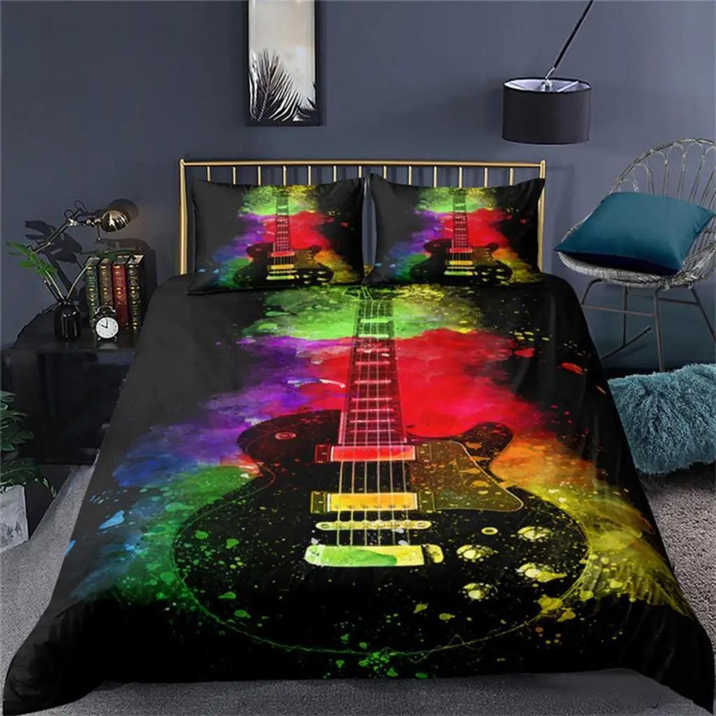 Vintage Guitar Duvet Cover Set Music Theme 2/3Pcs Bedding Set For Kids Teens Adult Microfiber Print Comforter Cover Pillowcase